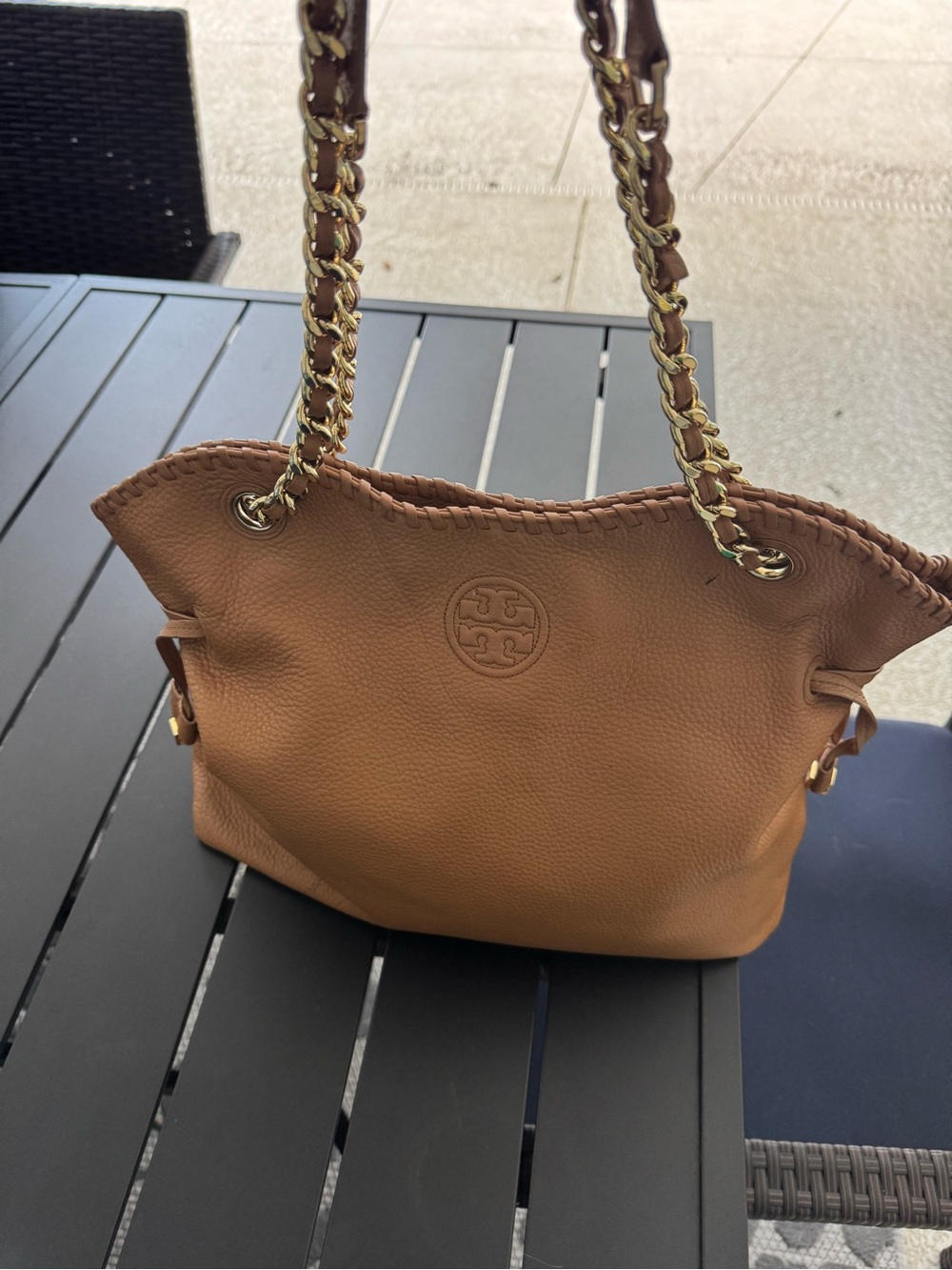 Tory Burch Cognac Leather Shoulder Bag with Gold Chain Straps